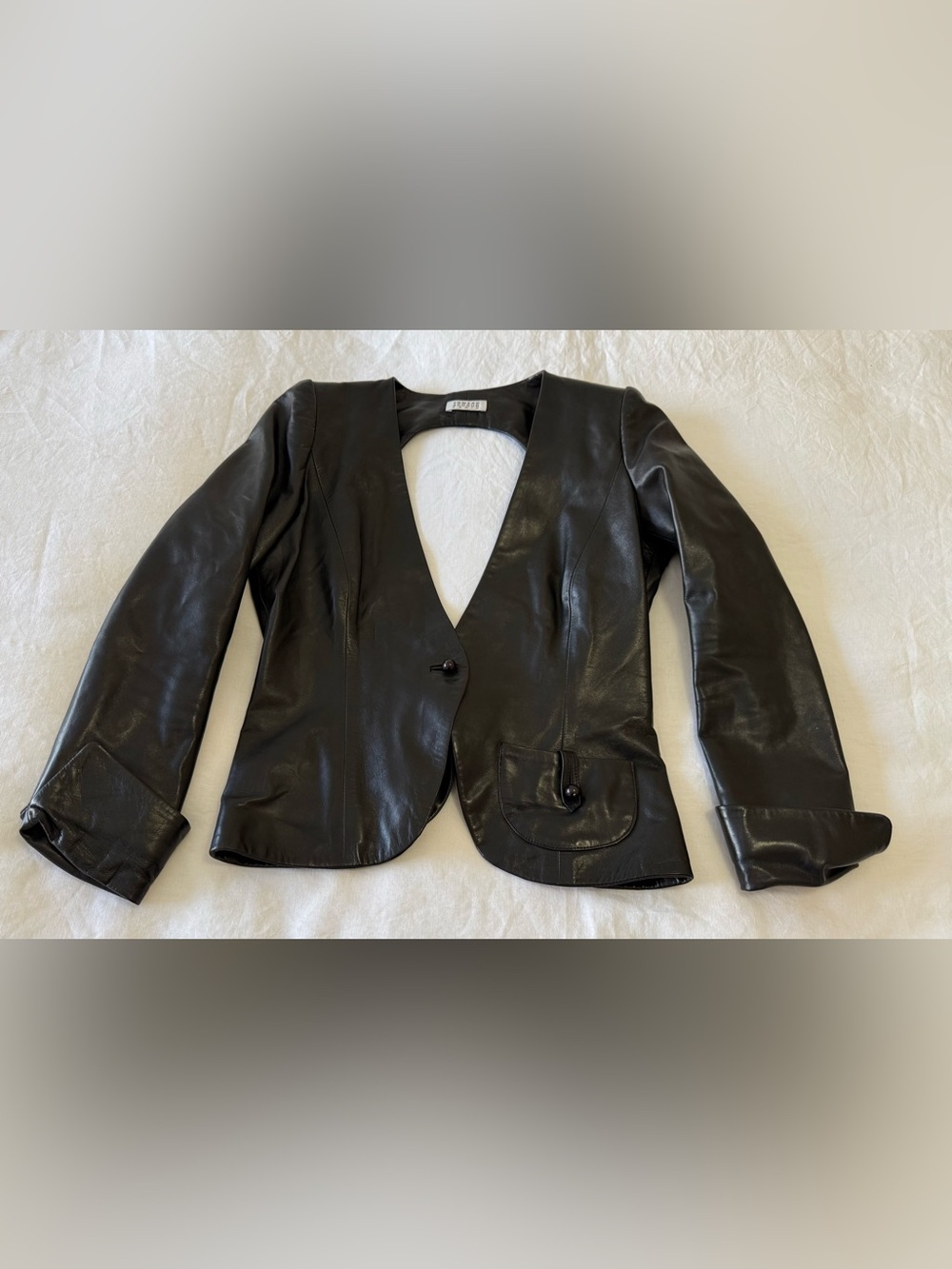 Edward Achour | SZ 40 Small | Black Leather Plunge V Neck Blazer Open Bow Back